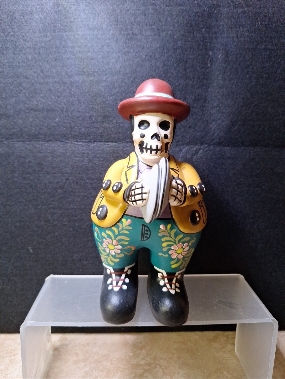 Day Of The Dead Peruvian Handcrafted Clay Folk Art 8" Figurine Playing Cymbals